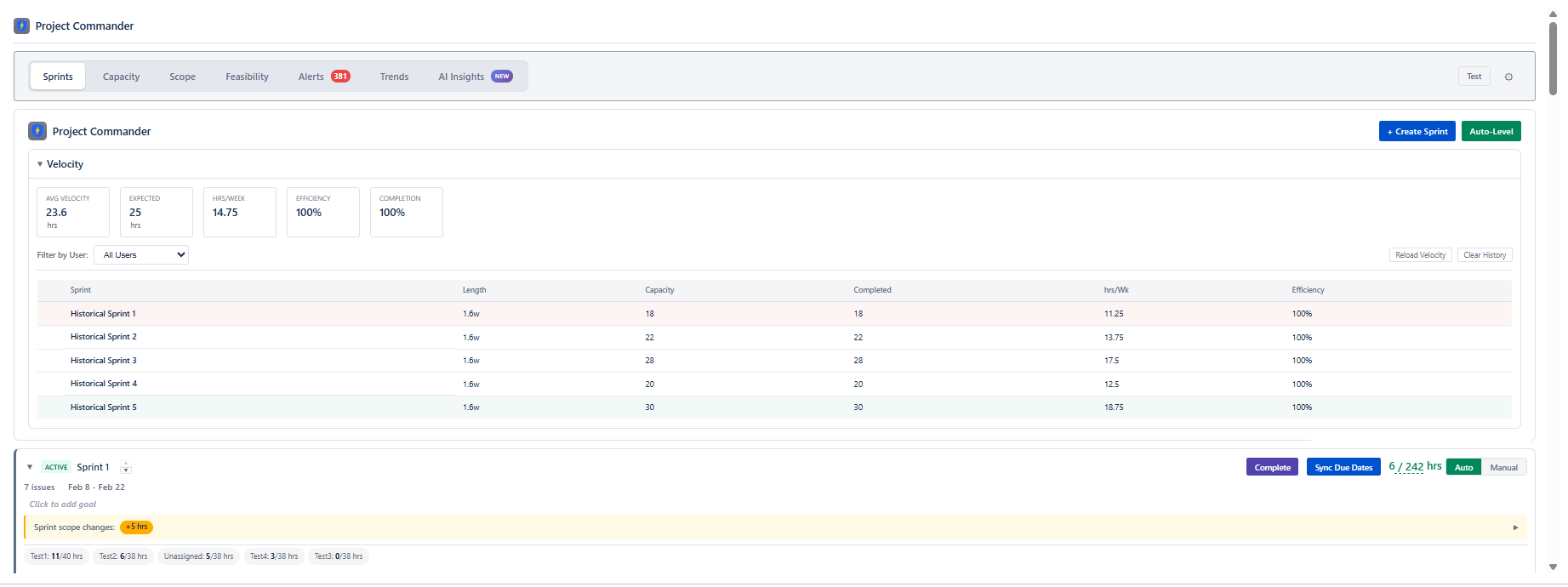 Velocity panel showing average velocity, efficiency, and historical sprint data
